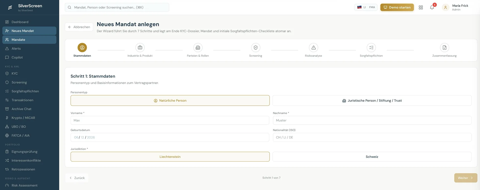 SilverScreen KYC-Onboarding-Wizard: Stammdaten, Screening, Risikoanalyse und Sorgfaltspflichten in sieben Schritten