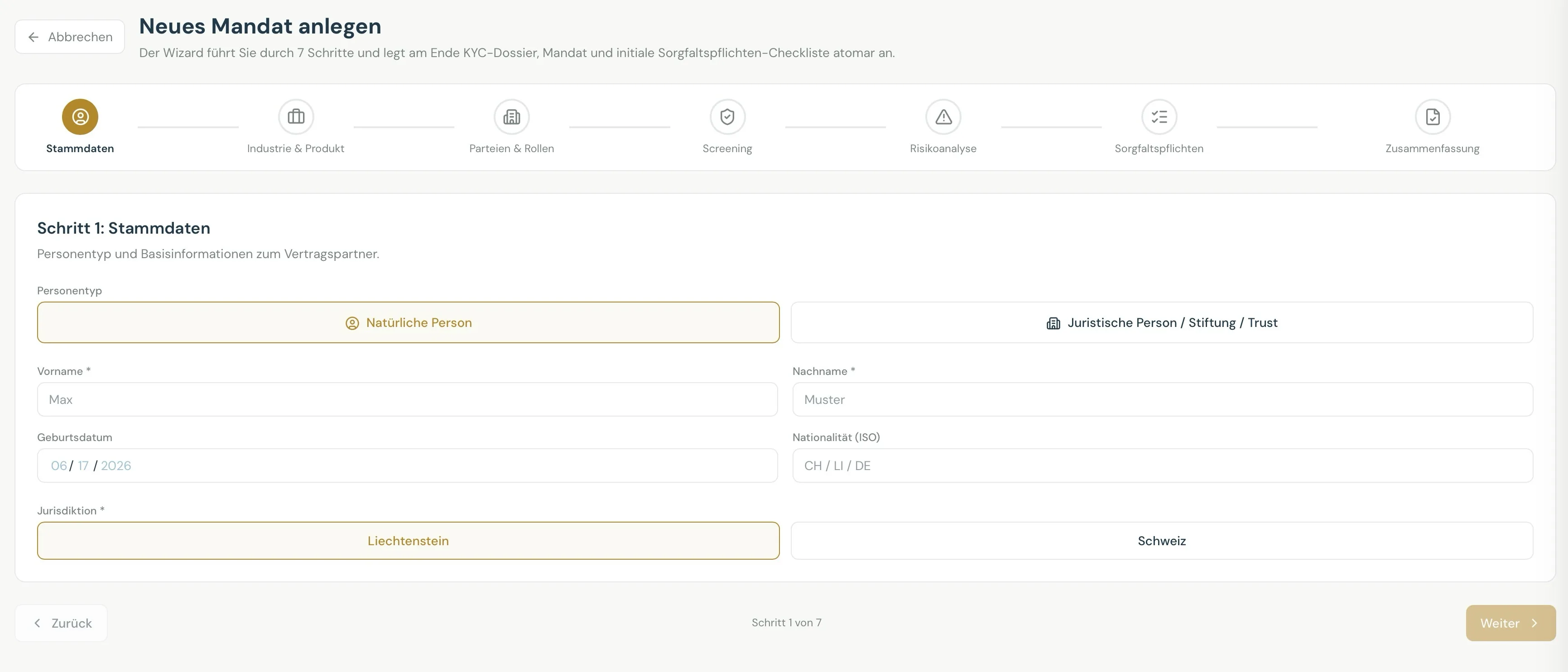SilverScreen KYC-Onboarding-Wizard: Stammdaten, Screening, Risikoanalyse und Sorgfaltspflichten in sieben Schritten